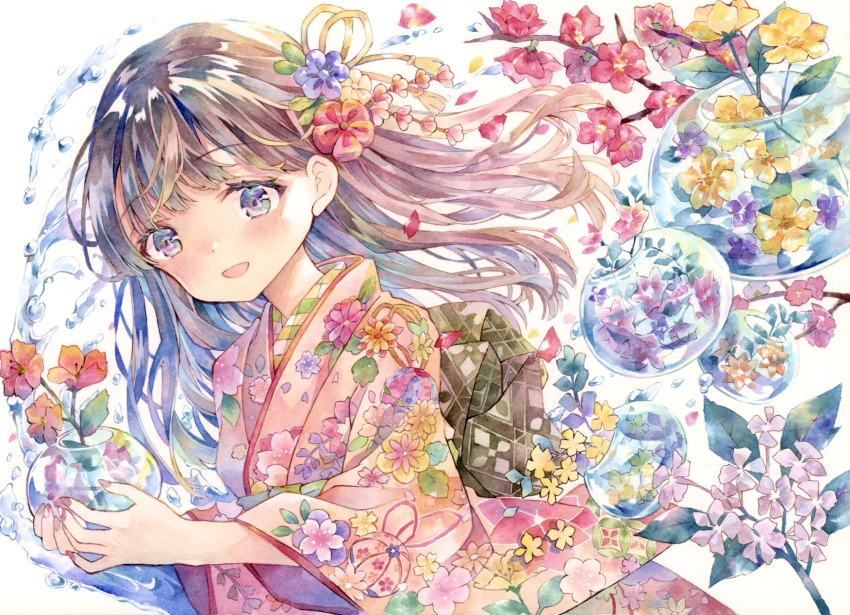 1girl :d branch brown_hair eyebrows_visible_through_hair floral_print flower furisode hair_flower hair_ornament highres holding holding_vase japanese_clothes kimono long_hair open_mouth original pink_kimono smile solo traditional_media vase visible_ears water_drop watercolor_(medium) white_background yukoring