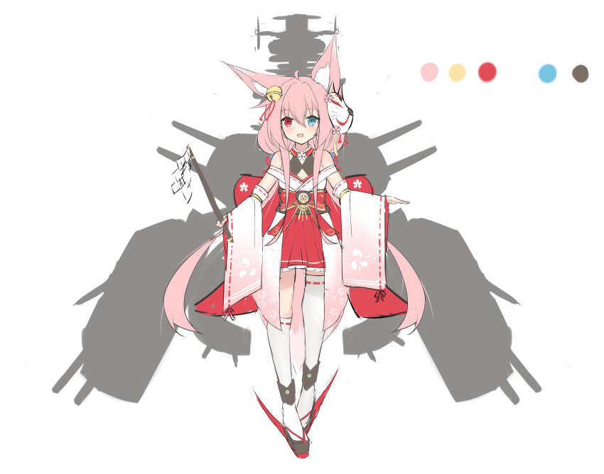 1girl :d absurdres animal_ear_fluff animal_ears asymmetrical_legwear bare_shoulders bell black_footwear black_shirt blue_eyes cannon color_guide detached_sleeves fox_ears fox_girl fox_mask fox_tail full_body gohei hair_bell hair_ornament heterochromia highres holding japanese_clothes jingle_bell kneehighs long_hair long_sleeves machinery mask mask_on_head miko nagato-chan obi off_shoulder open_mouth original pink_hair platform_footwear pleated_skirt red_eyes red_skirt ribbon-trimmed_legwear ribbon-trimmed_sleeves ribbon_trim sash shirt single_kneehigh single_thighhigh skirt sleeveless sleeveless_shirt smile solo standing tail thigh-highs transparent_background very_long_hair white_legwear white_sleeves wide_sleeves zouri