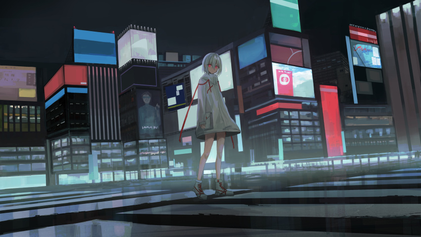 1girl bangs building character_request chihuri closed_mouth commentary_request crosswalk eyebrows_visible_through_hair hair_between_eyes highres jacket long_sleeves looking_at_viewer night night_sky outdoors red_eyes road shoes silver_hair sky sleeves_past_wrists solo standing street vocaloid white_footwear white_jacket wide_shot