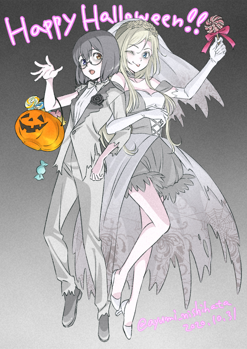 2girls ayumi_nishihata candy costume elbow_gloves fang food glasses gloves halloween halloween_bucket halloween_costume happy_halloween heterochromia high_heels highres kamikoshi_sorao locked_arms lollipop multiple_girls nishina_toriko one_eye_closed urasekai_picnic veil