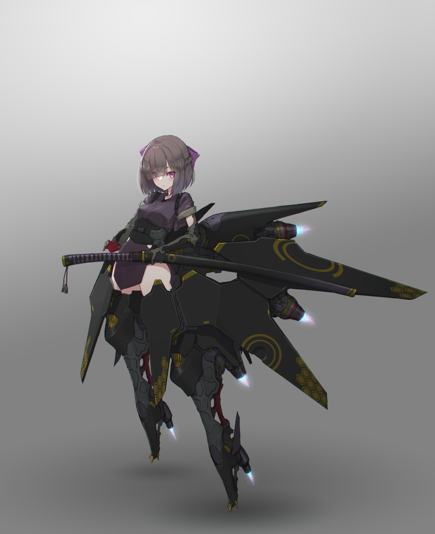 1girl :o absurdres bangs blunt_bangs braid crown_braid eyebrows_behind_hair floating gradient gradient_background highres holding holding_sword holding_weapon katana leaning_back mecha_musume oota_youjo open_mouth original science_fiction sheath sheathed short_hair solo sword thrusters violet_eyes weapon