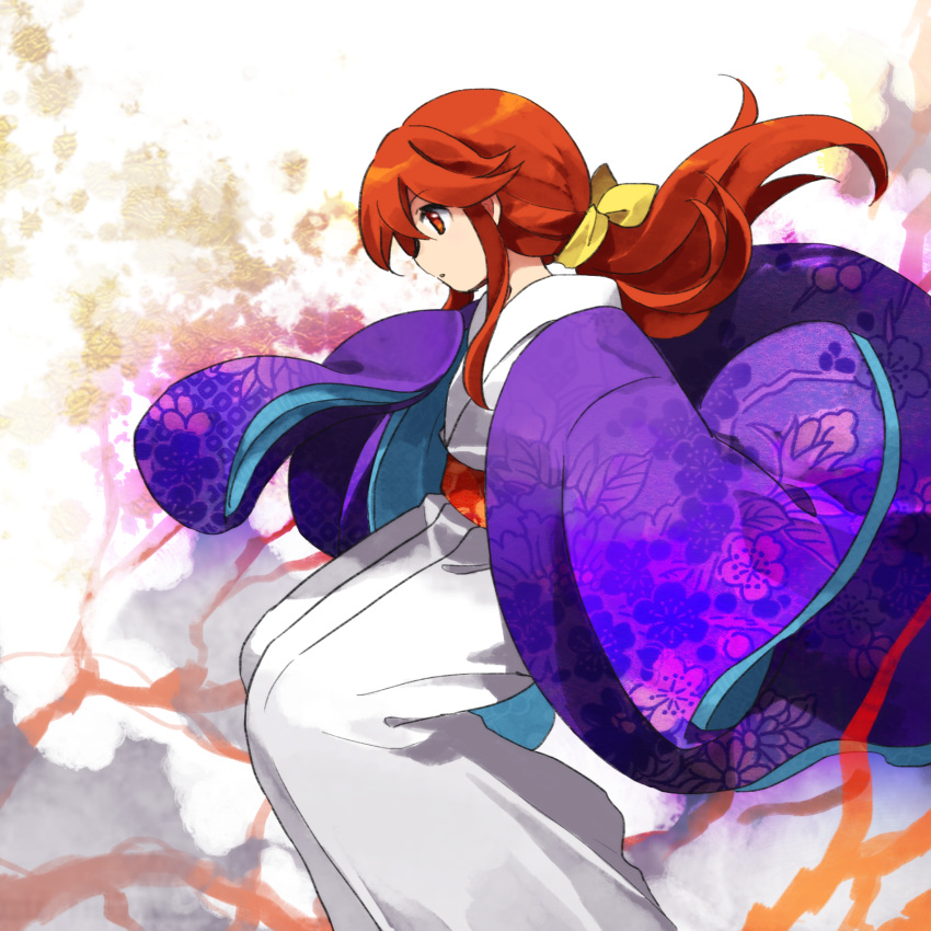 1girl :o abstract bangs commentary_request expressionless eyebrows_visible_through_hair feet_out_of_frame floating_hair floral_print from_side hair_between_eyes hair_ribbon highres japanese_clothes kaigen_1025 kimono kotohime_(touhou) layered_clothing layered_kimono long_hair low_ponytail obi parted_lips phantasmagoria_of_dim.dream profile purple_kimono red_eyes redhead ribbon sash sidelocks sleeves_past_fingers sleeves_past_wrists solo tied_hair touhou touhou_(pc-98) white_kimono wide_sleeves yellow_ribbon