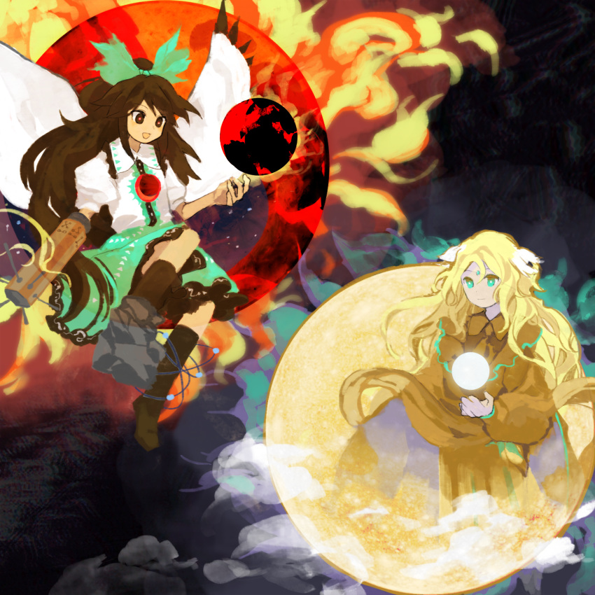 2girls aqua_eyes arm_cannon atom bird_wings black_hair black_legwear black_sun black_wings blonde_hair blouse bow bright_pupils brown_dress brown_eyes brown_hair cape circle clouds collared_blouse commentary_request control_rod dress fire flame floating floating_object forehead_jewel full_moon green_bow green_skirt hair_bow highly_responsive_to_prayers highres kaigen_1025 kikuri_(touhou) kneehighs light_smile long_hair looking_at_another mismatched_footwear moon multiple_girls puffy_short_sleeves puffy_sleeves reiuji_utsuho shoes short_sleeves single_shoe skirt starry_sky_print sun third_eye touhou touhou_(pc-98) two-sided_cape two-sided_fabric very_long_hair weapon white_blouse white_cape white_pupils wings