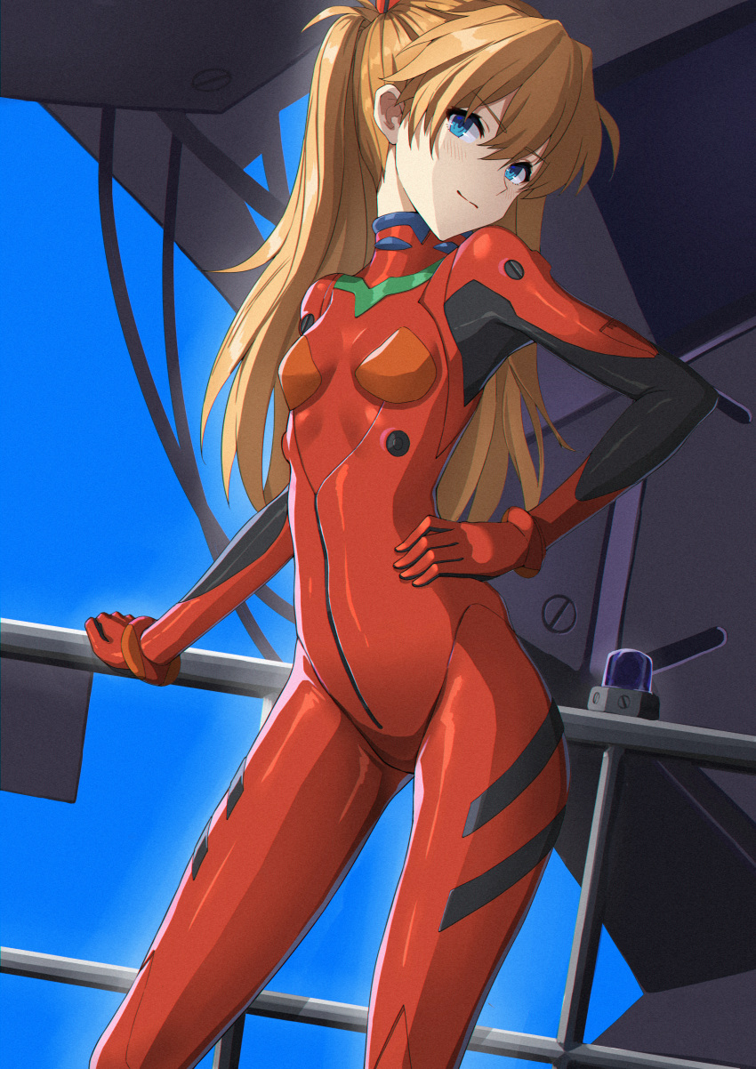 &gt;:) 1girl absurdres ansauce ass_visible_through_thighs bangs blue_eyes blush bodysuit breasts brown_hair closed_mouth contrapposto eyebrows_visible_through_hair feet_out_of_frame gloves hand_on_hip hand_on_railing highres huge_filesize long_hair looking_at_viewer neon_genesis_evangelion plugsuit railing red_bodysuit red_gloves shikinami_asuka_langley skin_tight small_breasts smile solo souryuu_asuka_langley standing two_side_up v-shaped_eyebrows