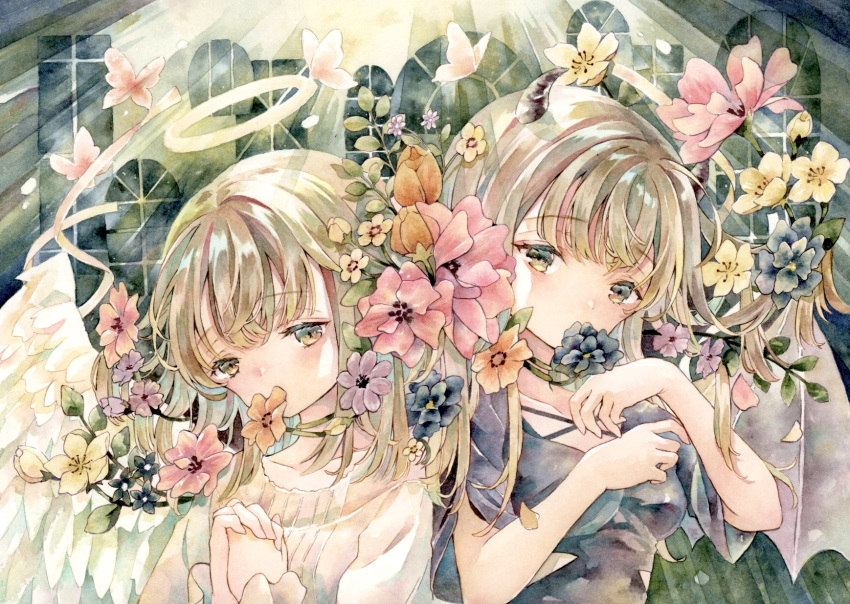 2girls angel angel_wings back-to-back black_wings blonde_hair bug butterfly covered_mouth demon demon_girl demon_wings feathered_wings flower_over_mouth halo highres insect light_rays long_sleeves multiple_girls original traditional_media watercolor_(medium) white_wings window wings yukoring