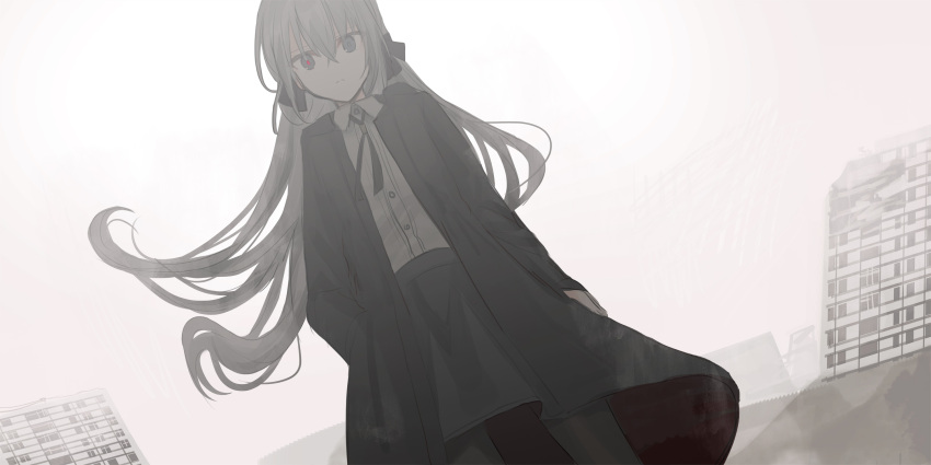 1girl bangs black_bow black_coat black_legwear black_skirt bow building chihuri closed_mouth clouds cloudy_sky coat collared_shirt dress_shirt dutch_angle eve_(chihuri) eyebrows_visible_through_hair floating_hair frown grey_hair hair_between_eyes hair_bow hand_in_pocket highres long_hair looking_at_viewer open_clothes open_coat original outdoors overcast pantyhose red_pupils ruins shirt skirt sky solo very_long_hair white_shirt