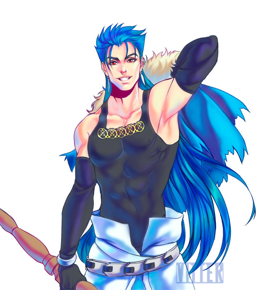 1boy arm_behind_back armpits artist_name belt biceps blue_hair bracelet capelet collarbone cu_chulainn_(fate)_(all) cu_chulainn_(fate/grand_order) earrings elbow_gloves fangs fate/grand_order fate_(series) fur-trimmed_capelet fur_trim gloves grin highres holding holding_staff jewelry long_hair looking_at_viewer male_focus multiple_piercings pectorals red_eyes removing_cape simple_background skin_tight slit_pupils smile solo spiky_hair staff tank_top type-moon vitter white_background