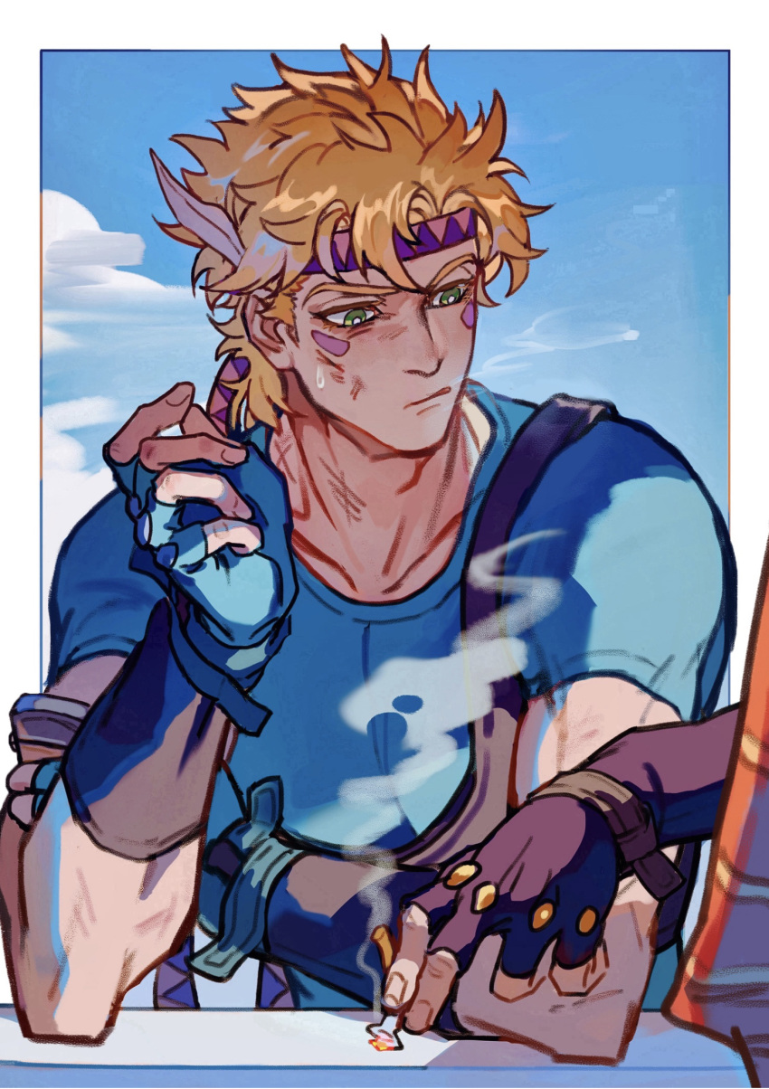 battle_tendency blonde_hair blue_gloves blue_shirt brown_gloves caesar_anthonio_zeppeli cigarette closed_mouth clouds day elbow_rest facial_mark feathers fingerless_gloves gloves green_eyes hair_feathers hand_on_own_arm headband highres holding holding_cigarette jojo_no_kimyou_na_bouken joseph_joestar_(young) looking_at_another male_focus out_of_frame scratches shirt short_hair short_sleeves smoke solo_focus upper_body xianlan