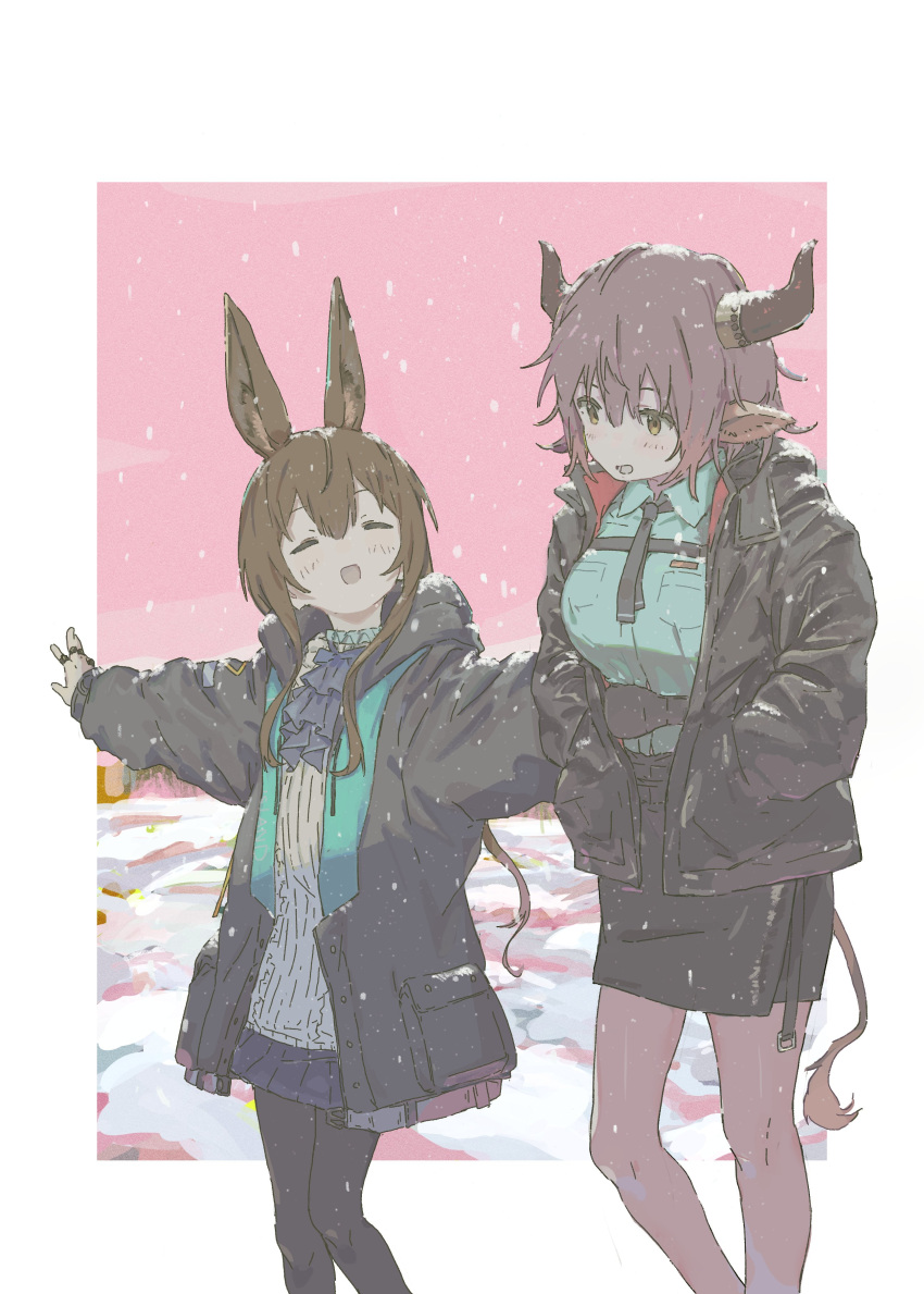 2girls :d absurdres amiya_(arknights) animal_ears arknights black_legwear brown_hair closed_eyes cravat hands_in_pockets highres horns jacket long_sleeves looking_at_another multiple_girls necktie open_mouth outstretched_arms pantyhose pink_background pleated_skirt rabbit_ears shinagiku sideroca_(arknights) skirt smile standing tail white_background