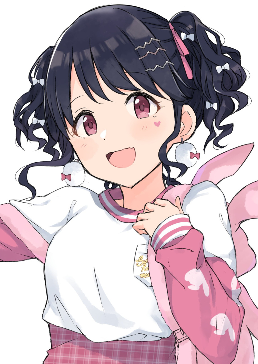 1girl backpack bag black_hair bow bunny_bag commentary_request earrings facial_mark fangs fukumaru_koito hair_bow hair_ornament hair_ribbon hairclip hanetsuka heart heart_facial_mark highres idolmaster idolmaster_shiny_colors jewelry long_sleeves looking_at_viewer open_mouth pink_eyes pink_ribbon pom_pom_(clothes) pom_pom_earrings ribbon short_hair skin_fangs solo twintails upper_body white_background