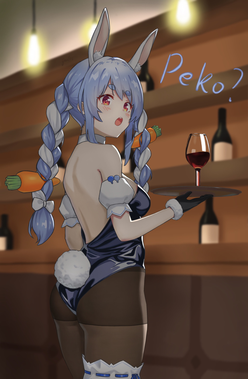 1girl :o absurdres alcohol animal_ears ass bangs bare_back black_gloves black_legwear black_leotard blue_hair blurry blurry_background blush bottle bow braid bunny_tail carrot_hair_ornament cowboy_shot cup detached_collar detached_sleeves drinking_glass eyebrows_visible_through_hair food_themed_hair_ornament fur_trim gloves guiter hair_between_eyes hair_bow hair_ornament highres holding holding_tray hololive indoors leg_garter leotard lights long_hair looking_at_viewer multicolored_hair orange_eyes pantyhose playboy_bunny puffy_short_sleeves puffy_sleeves rabbit_ears shelf short_sleeves silver_hair solo standing tail tray twin_braids twintails two-tone_hair usada_pekora virtual_youtuber white_bow wine wine_bottle wine_glass