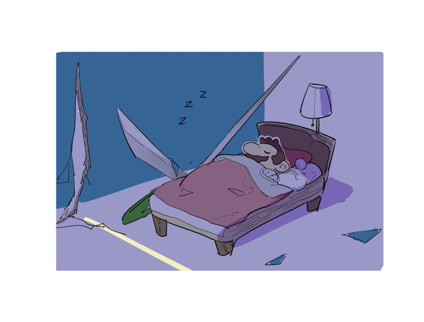 1boy apios1 bed blanket border brown_hair character_cutout closed_eyes commentary_request dark facial_hair highres indoors lamp male_focus mario super_mario_bros. mustache night outline paper_mario pillow scissors scissors_(paper_mario) short_hair sketch sleeping under_covers white_border white_outline zzz