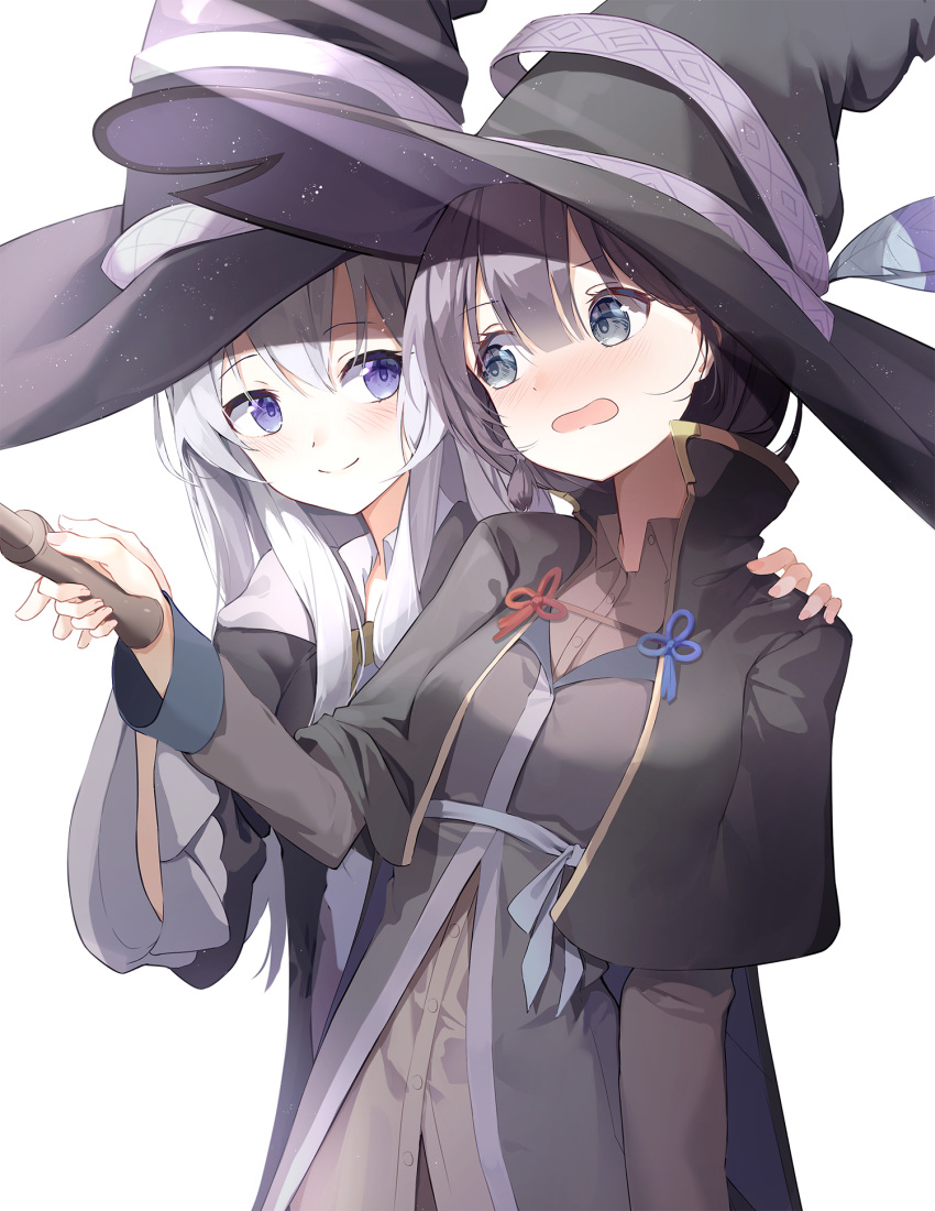 2girls bangs black_capelet black_hair black_headwear black_robe blush brown_shirt capelet closed_mouth collared_shirt commentary_request dress_shirt elaina_(majo_no_tabitabi) eyebrows_visible_through_hair grey_eyes hair_between_eyes hand_on_another's_shoulder hat highres holding long_hair long_sleeves majo_no_tabitabi multiple_girls open_clothes open_mouth open_robe robe saya_(majo_no_tabitabi) seero shirt silver_hair simple_background smile violet_eyes white_background witch_hat