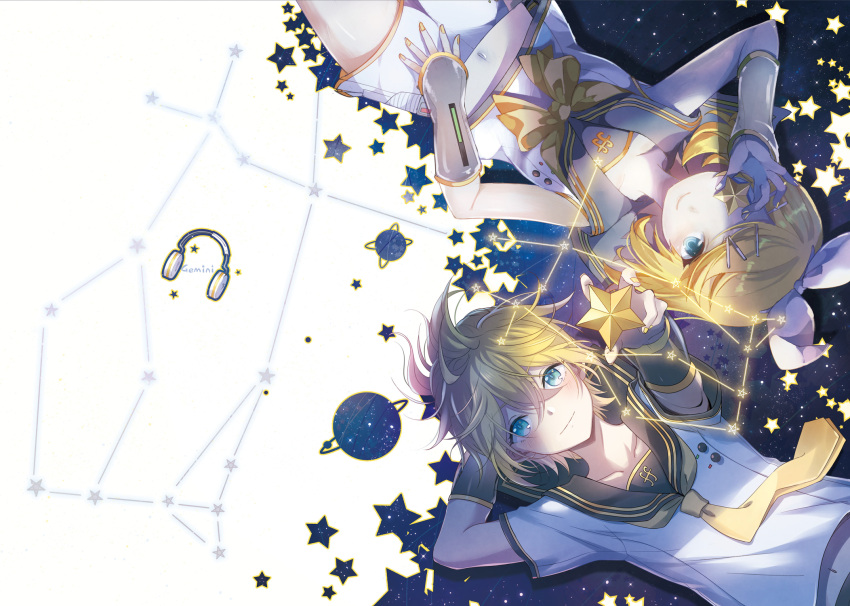 arm_behind_head arm_warmers bangs bare_shoulders black_collar blonde_hair blue_eyes bow brother_and_sister chinese_commentary collar collarbone commentary_request constellation covering_one_eye crop_top foreshortening fortissimo gemini gemini_(vocaloid) hahahamu hair_bow hair_ornament hairclip highres holding holding_star kagamine_len kagamine_len_(vocaloid4) kagamine_rin kagamine_rin_(vocaloid4) looking_at_viewer lying midriff miniskirt nail_polish navel neckerchief necktie on_back planet sailor_collar school_uniform shirt short_hair short_sleeves siblings silhouette skirt sky smile spiky_hair star_(sky) star_(symbol) starry_sky swept_bangs twins v4x vocaloid white_bow white_shirt white_skirt yellow_nails yellow_neckwear