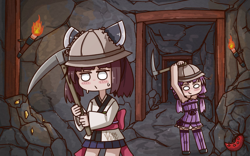 2girls arms_up blue_skirt brown_hair commentary criss-cross_halter dress hair_ornament halterneck helmet highres japanese_clothes kedama1635 kimono mineshaft mining miniskirt multiple_girls obi pickaxe pith_helmet pleated_skirt purple_dress purple_hair purple_legwear rock sash short_hair short_hair_with_long_locks sidelocks skirt smile solid_circle_eyes sweat thigh-highs torch torn_clothes touhoku_kiritan voiceroid white_eyes white_kimono yuzuki_yukari