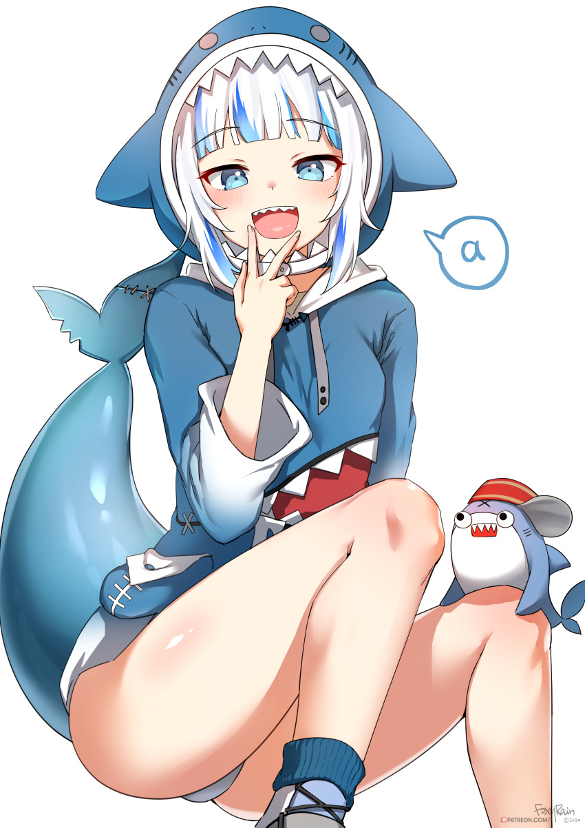 1girl :d a absurdres animal_hood artist_name bangs bloop_(gawr_gura) blue_eyes blue_hoodie blunt_bangs blush breasts eyebrows_visible_through_hair feet_out_of_frame fish_bone fish_tail foxyrain gawr_gura gradient_clothes highres hololive hololive_english hood hoodie knees_up looking_at_viewer open_mouth panties red_headwear shark_hood shark_tail sharp_teeth sideways_hat simple_background sitting small_breasts smile solo spoken_letter tail teeth thighs tongue underwear v_over_mouth virtual_youtuber white_background white_panties