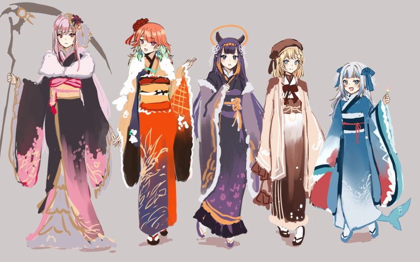 adapted_costume alternate_costume animal_ears black_footwear black_kimono blonde_hair blue_eyes blue_footwear blue_hair blue_kimono blue_ribbon blush brown_footwear brown_headwear brown_kimono closed_mouth commentary dango earrings english_commentary extra_ears eyebrows_visible_through_hair feather_earrings feathers fish_tail flower food formal full_body furisode gawr_gura gear_hair_ornament geta grey_background hair_flower hair_ornament hair_ribbon halo hat highres holding holding_food holding_scythe hololive hololive_english japanese_clothes jewelry kimono light_blue_hair long_hair looking_at_viewer mori_calliope multicolored_hair ninomae_ina'nis obi open_mouth orange_hair orange_kimono pink_eyes pink_hair pointy_ears purple_footwear purple_hair purple_kimono ribbon sash scythe shark_tail short_hair silver_hair simple_background sketch smile standing standing_on_one_leg straight_hair streaked_hair tabi tail takanashi_kiara ten-chan_(eternal_s) tentacle_hair two-tone_hair violet_eyes virtual_youtuber wagashi watson_amelia wide_sleeves