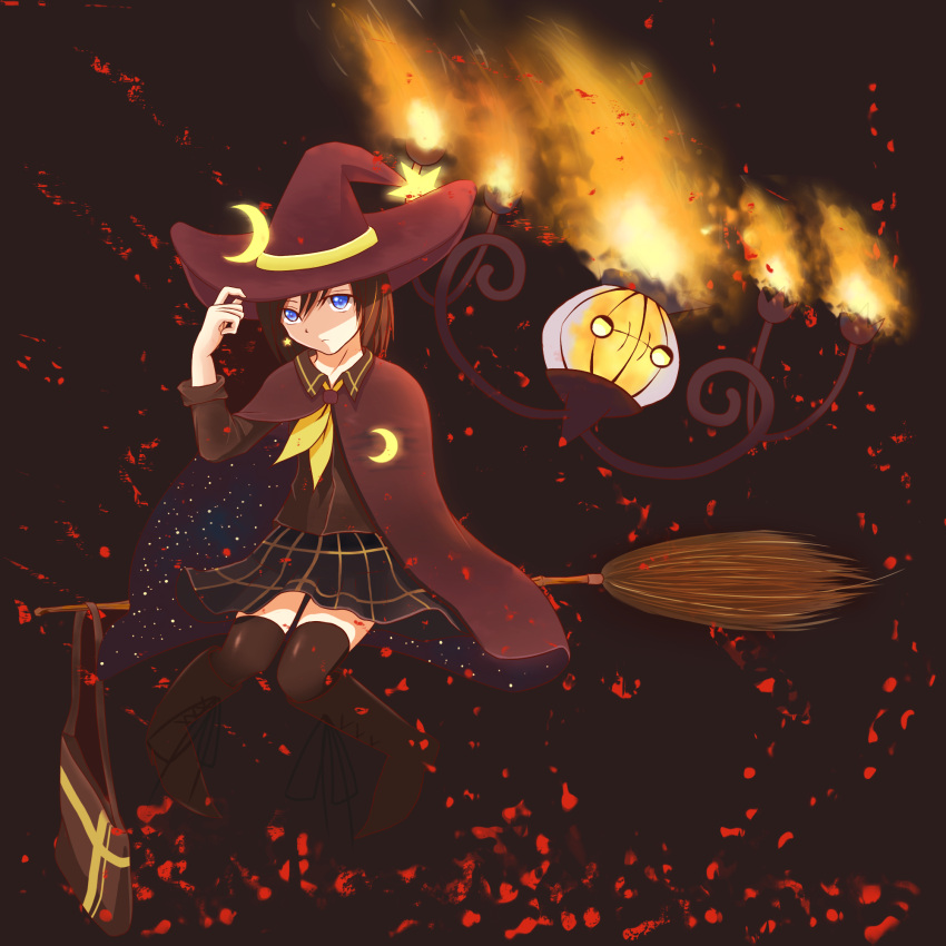 1girl adjusting_clothes adjusting_headwear bangs blue_eyes broom broom_riding brown_hair chandelure cloak crescent crescent_moon_pin fire gen_5_pokemon hair_between_eyes hat highres looking_at_viewer pokemon school_uniform short_hair simple_background skirt smile star_pin thigh-highs witch witch_hat yuiisbestsinger