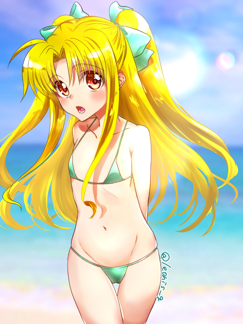 1girl alicia_testarossa arms_behind_back bangs beach bikini blonde_hair blue_sky blush breasts clouds cloudy_sky cowboy_shot flat_chest green_bikini green_ribbon groin hair_ribbon highres horizon leonis_g long_hair looking_at_viewer lyrical_nanoha mahou_shoujo_lyrical_nanoha micro_bikini navel ocean open_mouth outdoors parted_bangs red_eyes ribbon skindentation sky solo standing string_bikini swimsuit thigh_gap twitter_username two_side_up