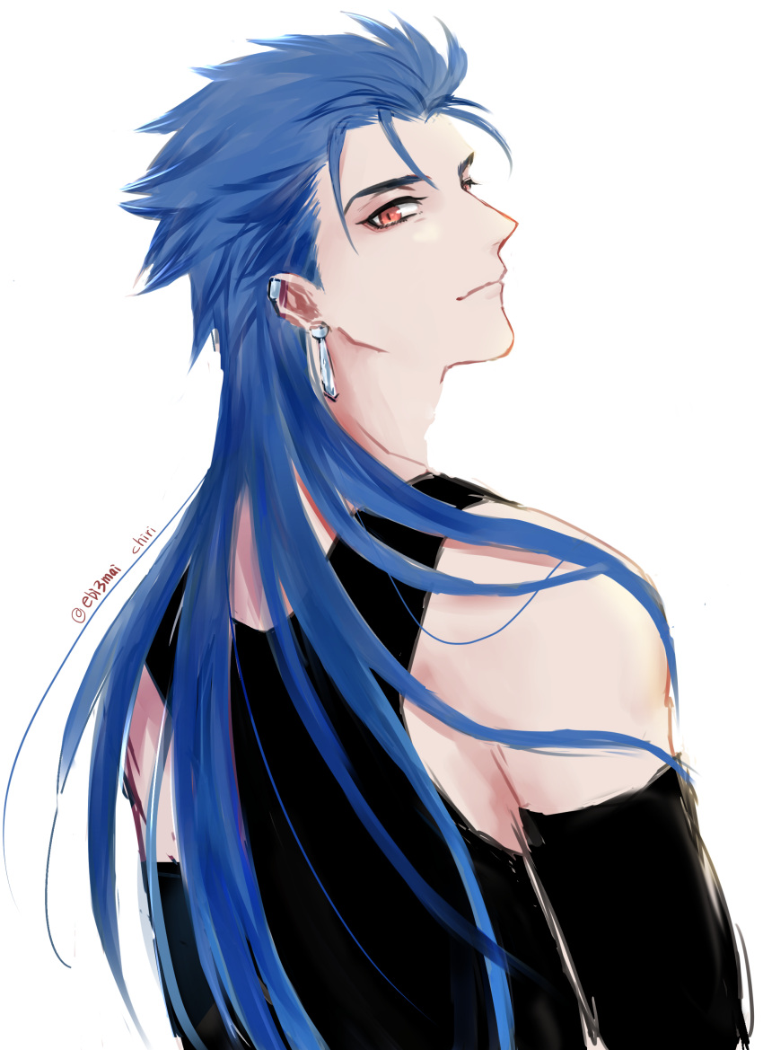 1boy absurdres back blue_hair chiritaros closed_mouth cu_chulainn_(fate)_(all) cu_chulainn_(fate/grand_order) earrings fate/grand_order fate_(series) from_behind highres jewelry long_hair looking_at_viewer looking_back male_focus multiple_piercings red_eyes simple_background slit_pupils smile solo spiky_hair tank_top type-moon white_background