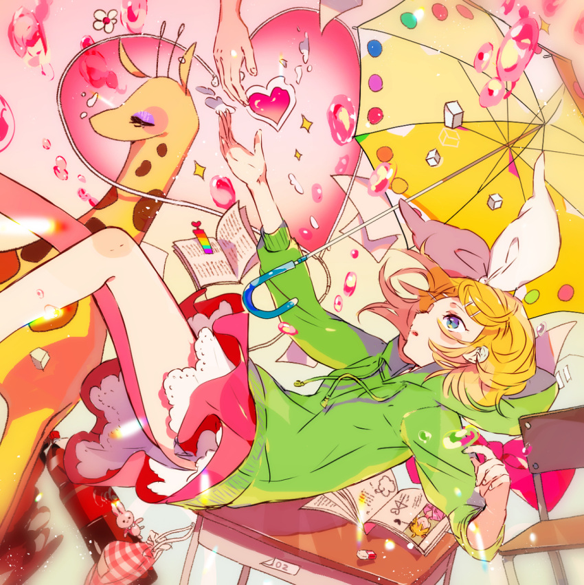1girl bangs blonde_hair blue_eyes book bookmark bow bowtie chair commentary desk falling flower giraffe green_hoodie hair_bow hair_ornament hairclip heart hood hoodie kagamine_len kagamine_rin lace-trimmed_skirt lace_trim layered_skirt makoji_(yomogi) melancholic_(vocaloid) open_book outstretched_arm pink_bow pink_skirt rainbow reaching skirt solo swept_bangs umbrella vocaloid white_bow white_flower yellow_umbrella