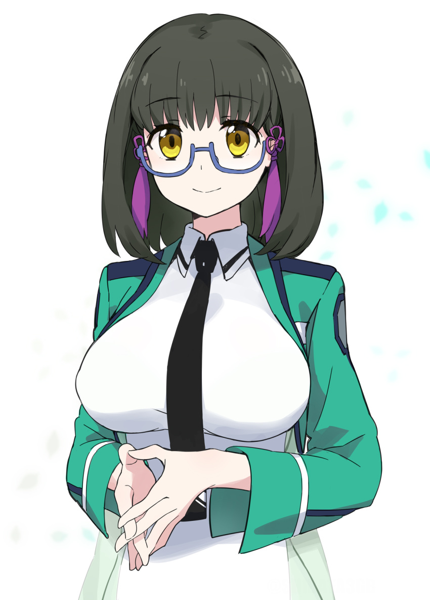 1girl bangs black_hair black_neckwear blue-framed_eyewear breasts collared_dress commentary_request dress eyebrows_visible_through_hair glasses green_jacket hands_together highres interlocked_fingers jacket large_breasts looking_at_viewer mahouka_koukou_no_rettousei medium_hair necktie semi-rimless_eyewear shibata_mizuki simple_background smile solo sumi_(shibata3gb) under-rim_eyewear upper_body white_background white_dress wing_collar yellow_eyes