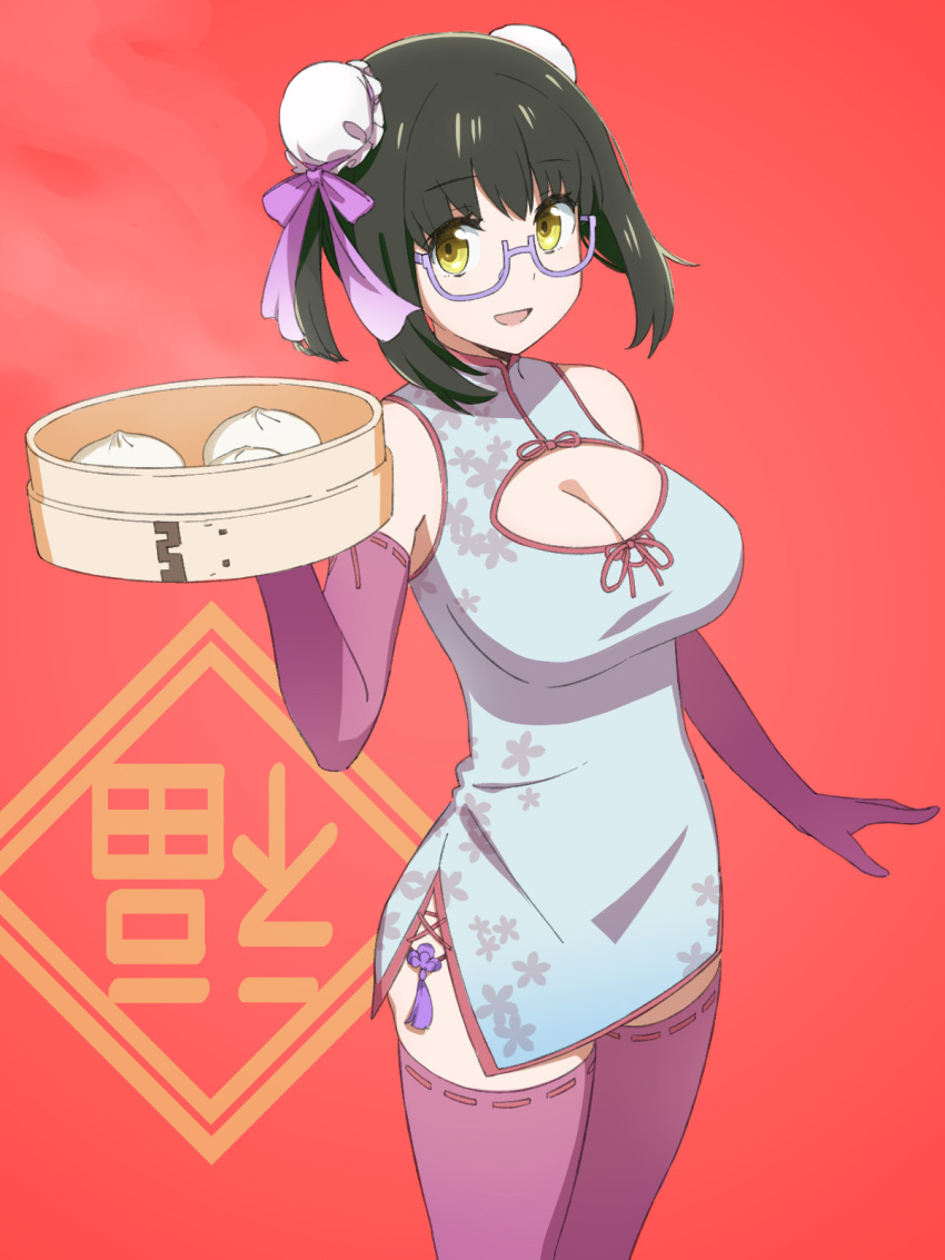 1girl :d alternate_costume alternate_hairstyle bamboo_steamer bangs baozi black_hair breasts bun_cover china_dress chinese_clothes commentary_request cowboy_shot double_bun dress elbow_gloves food glasses gloves hand_up highres holding holding_tray lace-trimmed_gloves lace-trimmed_legwear lace_trim looking_at_viewer mahouka_koukou_no_rettousei medium_hair open_mouth purple-framed_eyewear purple_gloves purple_legwear purple_ribbon red_background ribbon semi-rimless_eyewear shibata_mizuki sleeveless sleeveless_dress smile solo steam sumi_(shibata3gb) thigh-highs tray under-rim_eyewear