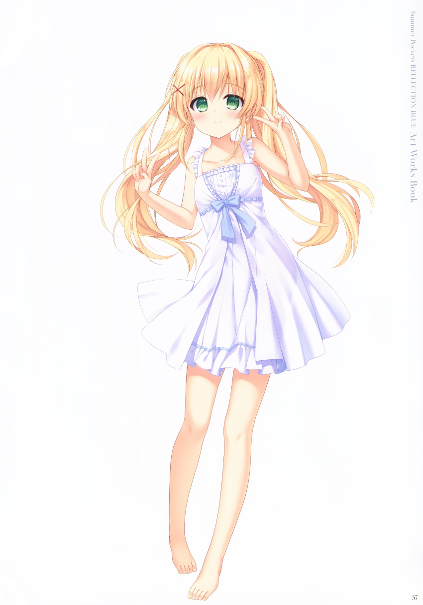 1girl absurdres bangs barefoot blonde_hair blush closed_mouth collarbone copyright_name dress eyebrows_visible_through_hair floating_hair full_body green_eyes hair_between_eyes hair_ornament highres long_hair looking_at_viewer nagayama_yuunon official_art page_number short_dress simple_background sleeveless sleeveless_dress smile solo standing summer_pockets sundress tsumugi_wenders twintails very_long_hair white_background white_dress x_hair_ornament