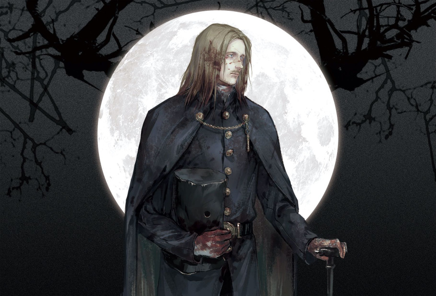 1boy beard belt blonde_hair blood blood_on_face blood_stain bloodborne bloody_clothes bloody_hair blue_eyes bucket cane cape chain cloak coat facial_hair gloves headwear_removed helmet helmet_removed highres holding long_hair long_sleeves looking_to_the_side male_focus moon mustache outdoors pilgrim_(silentreverie) shirt solo standing tree_branch valtr_(bloodborne)