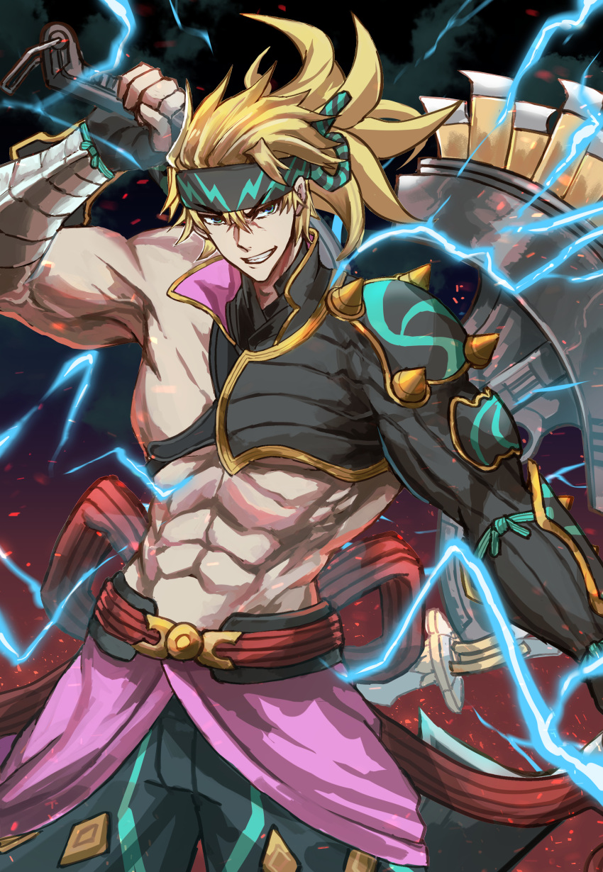 1boy abs absurdres biceps cowboy_shot fate/grand_order fate_(series) fighting_stance headband heian_warrior_attire_(fate/grand_order) highres lightning_bolt looking_at_viewer male_focus muscular muscular_male official_alternate_costume over_shoulder pectorals sakata_kintoki_(fate/grand_order) single_bare_shoulder single_sleeve smile solo tsugu0302 weapon weapon_over_shoulder