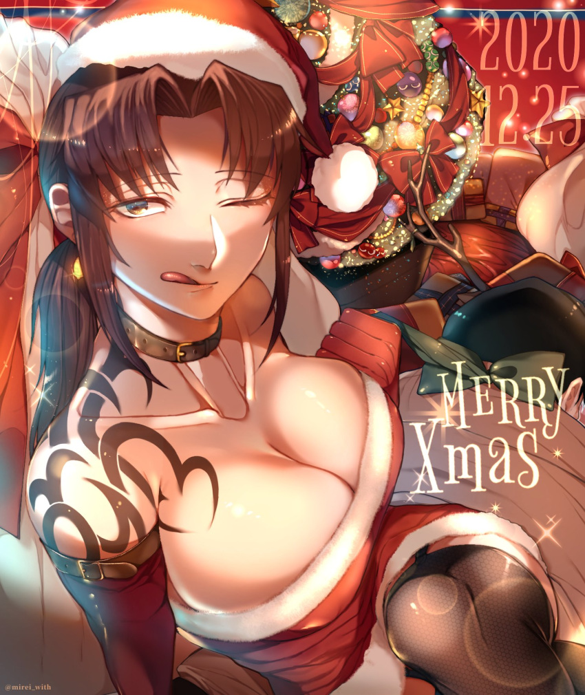 1girl ;q bare_shoulders black_collar black_lagoon black_legwear breasts brown_eyes brown_hair christmas collar commentary_request crossed_legs dated dress elbow_gloves from_above fur-trimmed_dress fur-trimmed_headwear fur_trim garter_straps gloves hat highres large_breasts licking_lips long_hair looking_at_viewer merry_christmas mirei_(with) one_eye_closed ponytail red_dress red_headwear revy_(black_lagoon) santa_dress santa_hat shoulder_tattoo sitting solo tattoo thick_thighs thigh-highs thighs tongue tongue_out