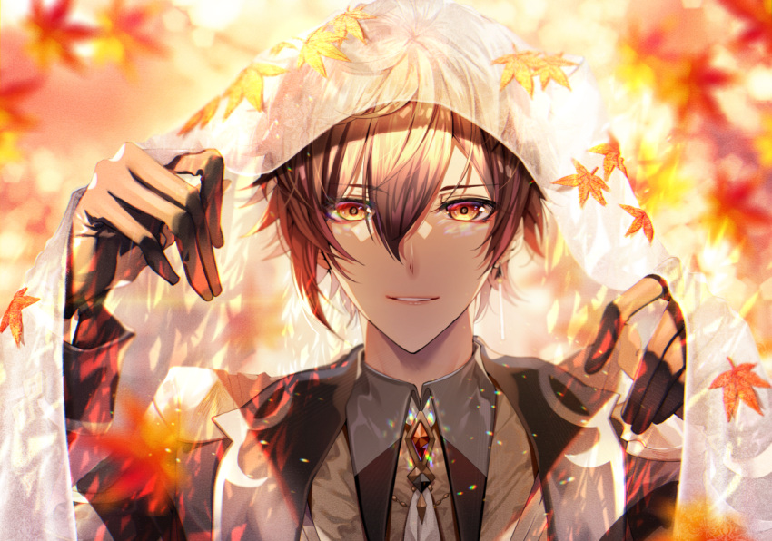 1boy bangs black_gloves black_hair blurry blurry_background blurry_foreground brown_hair collar eyebrows_visible_through_hair falling_leaves formal gem genshin_impact gloves hair_between_eyes jacket jewelry leaf long_hair long_sleeves looking_at_viewer male_focus multicolored_hair open_mouth short_hair single_earring solo suit urashima_(hidoro_mgmg) veil veil_lift yellow_eyes zhongli_(genshin_impact)