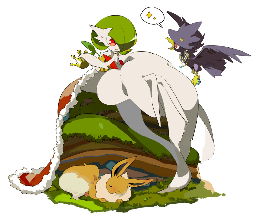 1girl apios1 bangs bare_shoulders barefoot bird bob_cut cape claws closed_eyes colored_skin commentary crown day dress eevee elbow_gloves eye_contact flat_chest flying full_body fur-trimmed_cape fur_trim gardevoir gem gen_1_pokemon gen_2_pokemon gen_3_pokemon gloves gold grass green_hair hair_over_one_eye hand_up headwear_removed highres holding jewelry keep-away leaning_back looking_at_another lying mega_gardevoir mega_pokemon murkrow necklace nervous on_stomach open_mouth outdoors pearl_(gemstone) pearl_necklace pokemon pokemon_(creature) red_cape red_eyes sapphire_(gemstone) shiny shiny_hair short_hair simple_background sitting sleeping smile sparkle speech_bubble spoken_sparkle strapless strapless_dress sweat topaz_(gemstone) white_background white_dress white_gloves white_skin yellow_headwear
