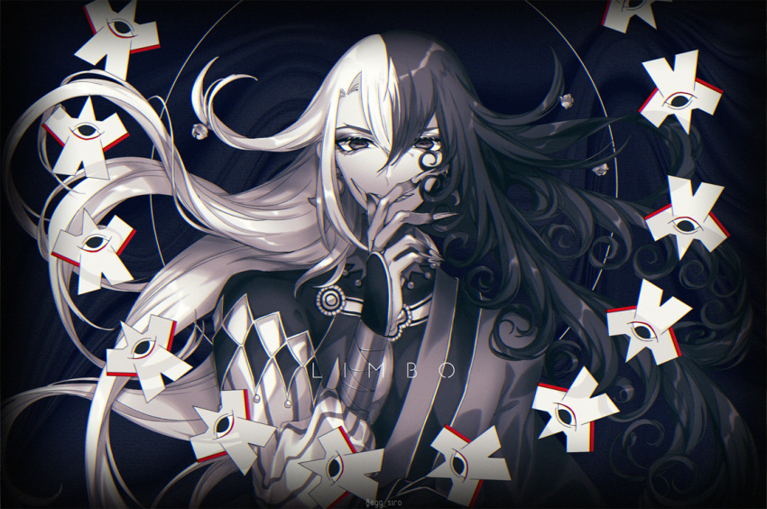 1boy androgynous ashiya_douman_(fate) asymmetrical_clothes asymmetrical_hair bell bishounen black_background black_eyes black_hair character_name covering_mouth curly_hair earrings english_text fate/grand_order fate_(series) fingernails greyscale grin hair_bell hair_between_eyes hair_ornament halo hand_over_own_mouth japanese_clothes jewelry kimono limited_palette long_hair magatama magatama_earrings male_focus monochrome multicolored_hair open_clothes open_kimono ribbed_sleeves sharp_fingernails shikigami sirokuni24 smile two-tone_hair very_long_fingernails very_long_hair white_hair wide_sleeves