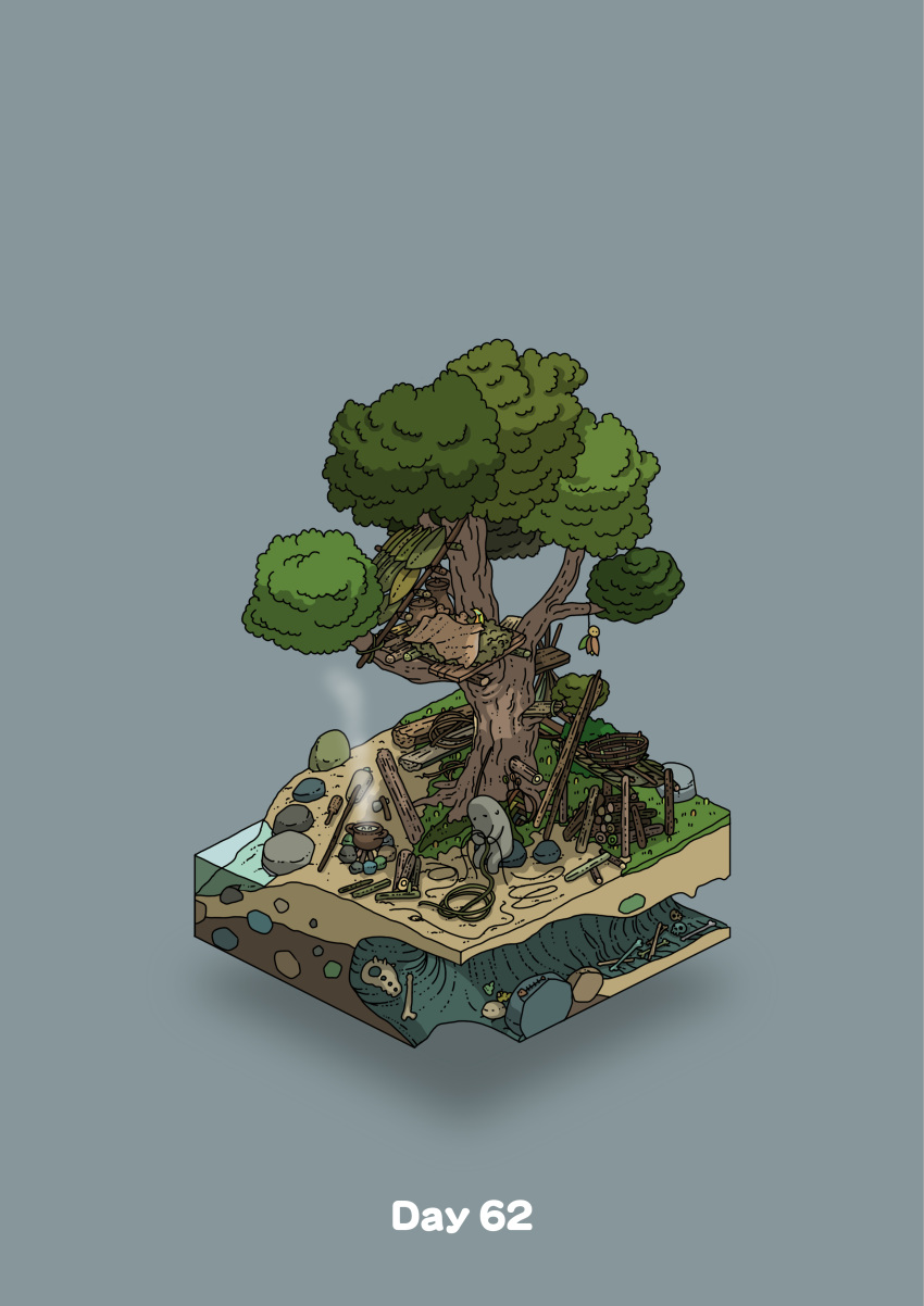 absurdres blue_background boiling bone commentary_request diorama gozz highres holding holding_rope isometric jewelry original pot rope skull steam teruterubouzu tree treehouse
