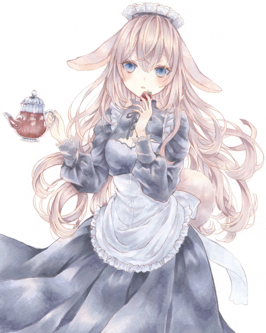 1girl animal_ears black_dress blue_eyes cleavage_cutout clothing_cutout dress eyebrows_visible_through_hair food frilled_sleeves frills fruit highres holding holding_food holding_fruit holding_teapot long_hair long_sleeves marker_(medium) megurine_luka open_mouth paruno pink_hair solo strawberry teapot traditional_media vocaloid