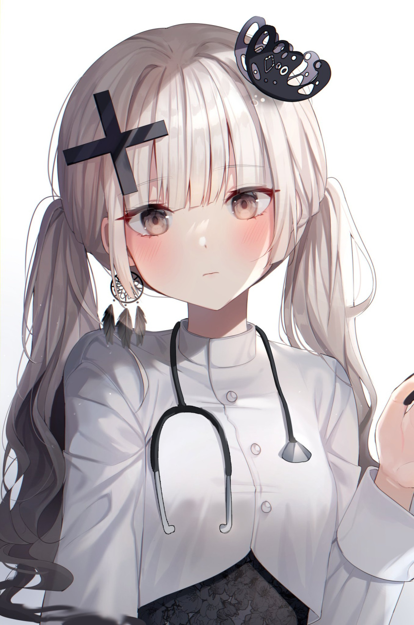 1girl bangs blush breasts brown_eyes closed_mouth cross_hair_ornament earrings expressionless eyebrows_visible_through_hair floral_print hair_ornament highres jacket jewelry knowa_(knowax_x) long_hair long_sleeves looking_at_viewer medium_breasts original solo stethoscope twintails upper_body white_jacket