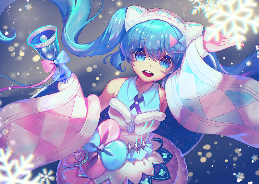1girl bell blue_eyes blue_gloves blue_hair blurry blurry_foreground bokeh commentary depth_of_field dress floating_hair from_above fur-trimmed_dress fur-trimmed_gloves fur-trimmed_sleeves fur_trim gloves hair_ornament hairclip hatsune_miku highres holding holding_bell long_hair looking_at_viewer magical_mirai_(vocaloid) mismatched_gloves mismatched_sleeves open_mouth pink_gloves raymond_busujima sleeveless sleeveless_dress smile snowflakes snowing solo twintails upper_body very_long_hair vocaloid wide_sleeves