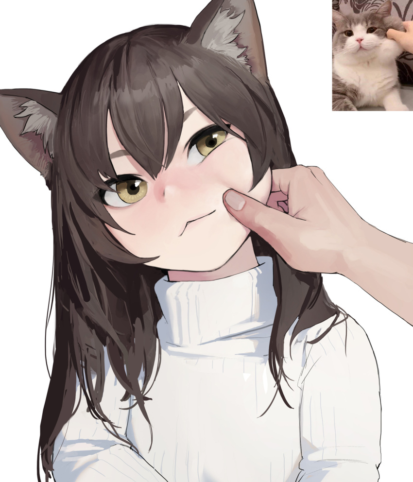 1girl :&lt; animal_ear_fluff animal_ears brown_hair cat cat_ears cheek_pinching derivative_work dongho_kang head_tilt highres long_hair looking_at_viewer original photo-referenced photo_inset pinching real_life ribbed_sweater simple_background solo_focus sweater turtleneck turtleneck_sweater white_background yellow_eyes