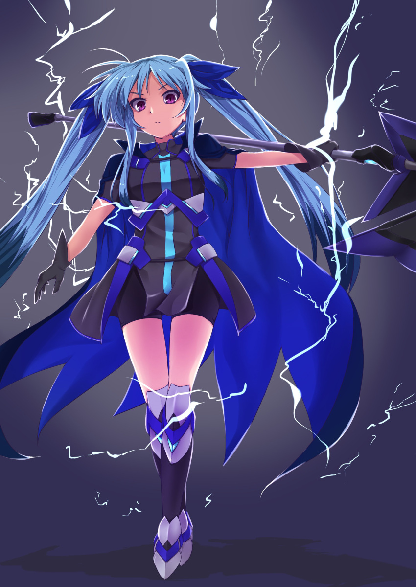 1girl absurdres bangs bike_shorts black_dress black_footwear black_gloves black_shorts blue_cape blue_hair blue_ribbon cape closed_mouth commentary dress electricity frown full_body gloves greaves hair_ribbon hajime_kazuhito highres holding holding_weapon long_hair looking_at_viewer lyrical_nanoha magical_girl mahou_shoujo_lyrical_nanoha_reflection material-l ribbon short_dress short_sleeves shorts solo standing violet_eyes vulnificus weapon