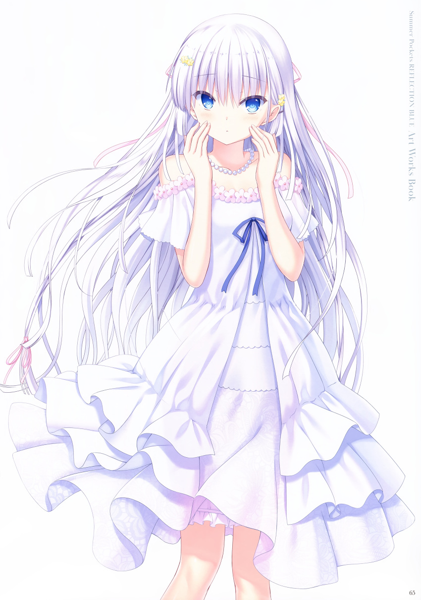 1girl absurdres bangs blue_eyes blue_ribbon blush closed_mouth copyright_name dress eyebrows_visible_through_hair flower hair_between_eyes hair_flower hair_ornament hair_ribbon highres jewelry long_hair looking_at_viewer na-ga naruse_shiroha necklace off-shoulder_dress off_shoulder official_art page_number pink_ribbon ribbon silver_hair simple_background solo standing summer_pockets sundress very_long_hair white_background white_dress