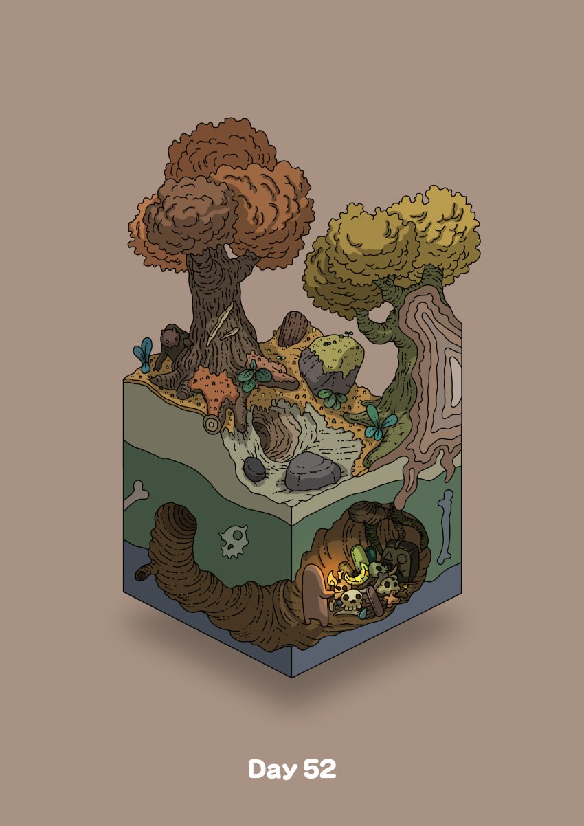 absurdres animal bear bone boulder brown_background cave commentary_request diorama gem gozz highres holding holding_torch isometric original roots skull torch tree