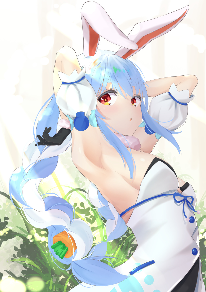 1girl :o absurdres animal_ears armpits arms_behind_head arms_up black_bra black_gloves blue_hair bra braid breasts bunny-shaped_pupils carrot_hair_ornament detached_sleeves dress food_themed_hair_ornament from_side fur_collar fur_trim gloves hair_ornament highres hololive light_rays long_hair looking_at_viewer multicolored_hair orange_eyes puffy_short_sleeves puffy_sleeves rabbit_ears rururaroru short_sleeves silver_hair small_breasts solo twin_braids twintails two-tone_hair underwear upper_body usada_pekora virtual_youtuber white_dress