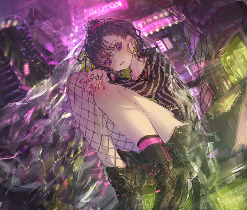 1girl asymmetrical_bangs asymmetrical_legwear bangs blurry blurry_background building city city_lights earrings fingernails fishnet_legwear fishnets highres jewelry knees_to_chest knees_up looking_at_viewer medium_hair multiple_rings nail_polish necklace neon_lights night one_side_up outdoors parted_lips pink_nails purple_hair red_eyes ring roki_(0214278) shirt shoes single_sock sneakers socks solo striped striped_shirt tenjin_kotone tenjin_kotone_(channel) virtual_youtuber