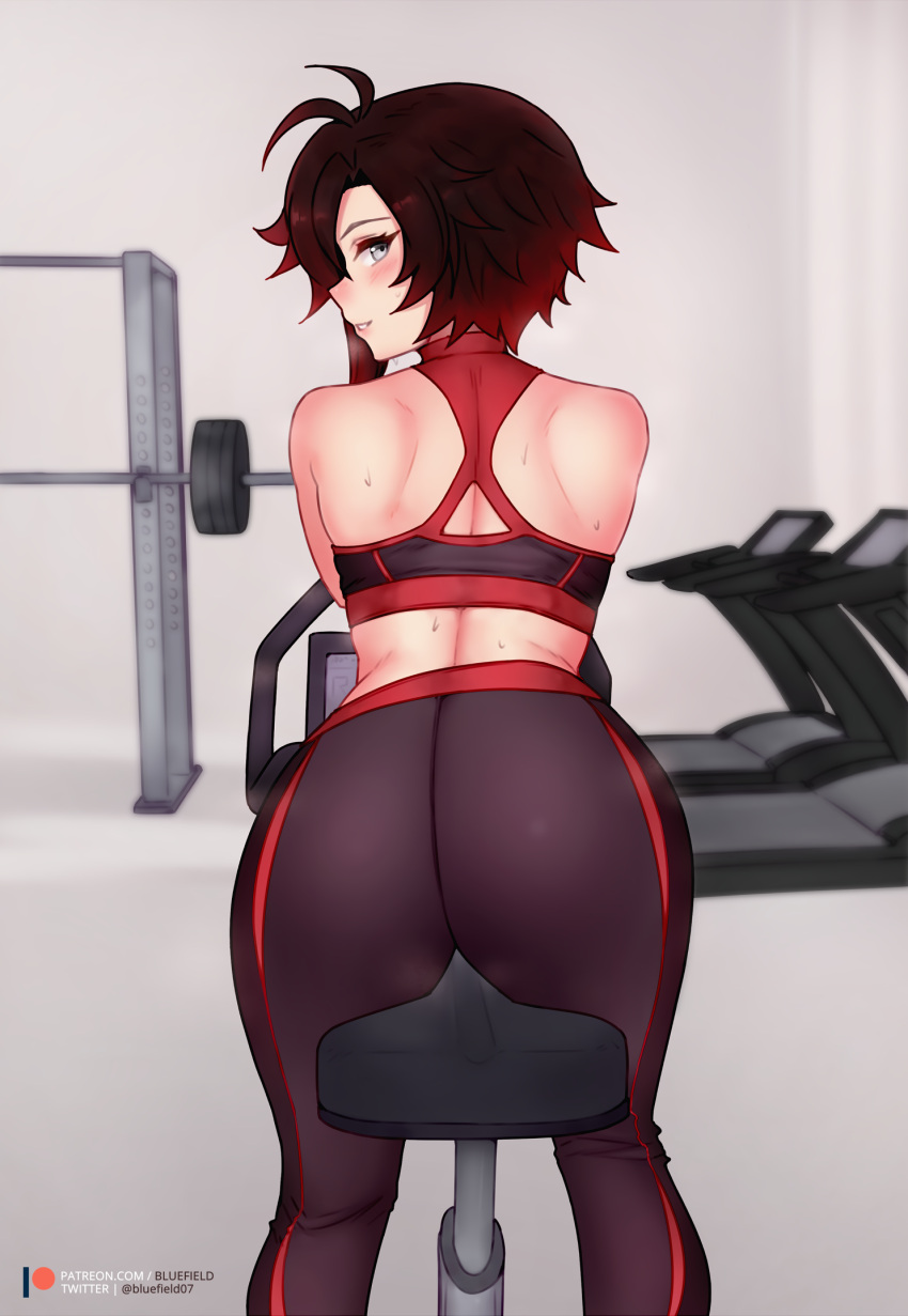 1girl ass back bare_shoulders black_hair bluefield blush exercise exercise_bike from_behind gradient_hair gym highres leggings lips looking_at_viewer looking_back multicolored_hair redhead ruby_rose rwby shiny shiny_hair short_hair sitting smile solo sports_bra sweat thighs two-tone_hair