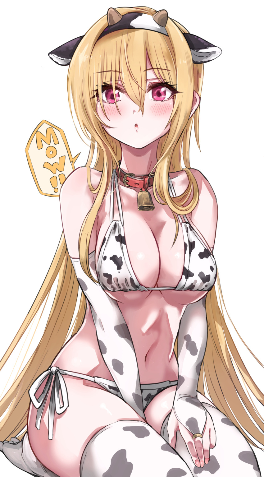 1girl :o absurdres animal_ears animal_print bangs bare_shoulders bell bell_collar bikini blonde_hair blush bridal_gauntlets chinese_zodiac collar commentary_request cow_ears cow_horns cow_print eyebrows_visible_through_hair fake_animal_ears fake_horns hair_between_eyes hairband highres horns idolmaster idolmaster_cinderella_girls kurosaki_chitose long_hair looking_at_viewer navel no_shoes parted_lips pizzasi print_bikini print_legwear red_collar red_eyes seiza side-tie_bikini simple_background sitting soles solo speech_bubble swimsuit thigh-highs very_long_hair white_background white_bikini white_legwear year_of_the_ox