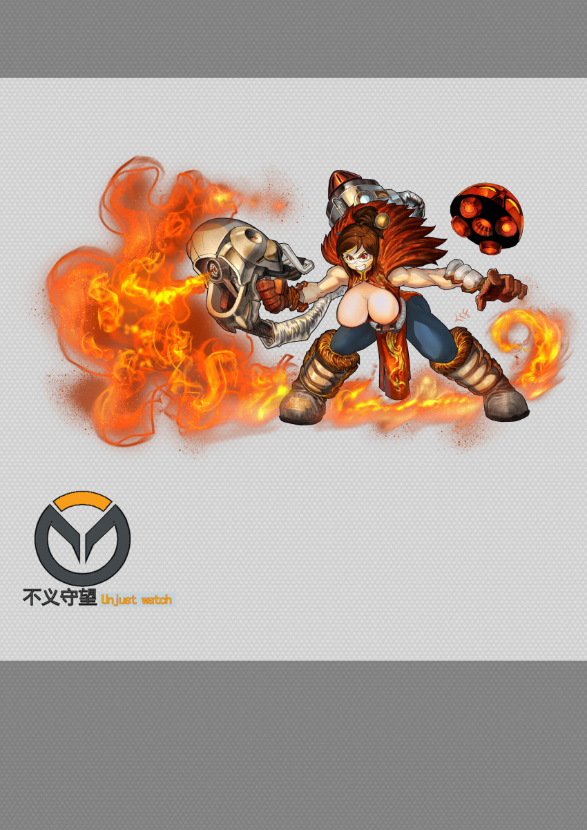 1girl alternate_costume bent_over blonde_hair breasts brown_gloves brown_hair chinese_clothes clenched_teeth fire flame floating_hair fur_trim gloves goggles hair_ornament hairpin highres holding holding_weapon large_breasts mei_(overwatch) multicolored multicolored_hair overwatch patterned patterned_background red_eyes robot snowball_(overwatch) streaked_hair teeth torn torn_clothes weapon zm