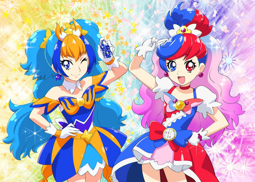 2girls amanogawa_kirara commentary crossover cure_flora cure_twinkle fusion go!_princess_precure haruno_haruka heterochromia kamen_rider kamen_rider_build kamen_rider_build_(series) kamen_rider_cross-z long_hair looking_at_viewer multiple_girls open_mouth precure smile ueyama_michirou