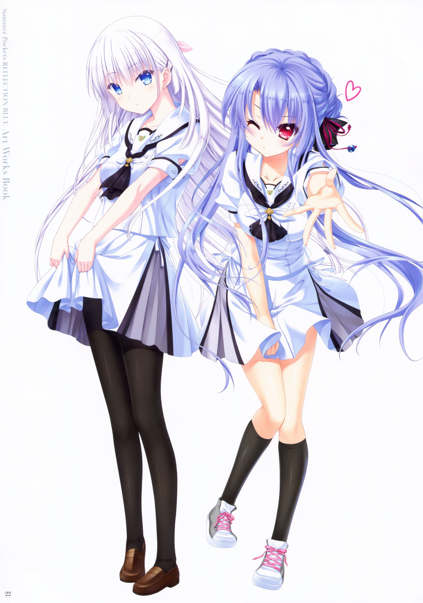 2girls absurdres bangs black_legwear black_neckwear blue_eyes bow brown_footwear collarbone copyright_name eyebrows_visible_through_hair floating_hair full_body hair_between_eyes hair_bow heart highres huge_filesize izumi_tsubasu kneehighs leaning_forward loafers long_hair looking_at_viewer miniskirt multiple_girls na-ga naruse_shiroha official_art one_eye_closed outstretched_arm outstretched_hand page_number pantyhose pink_bow pleated_skirt purple_hair reaching_out red_eyes school_uniform shiny shiny_clothes shiny_hair shiny_legwear shirt shoes short_sleeves silver_hair simple_background skirt skirt_hold skirt_tug sorakado_ao standing summer_pockets very_long_hair white_background white_shirt