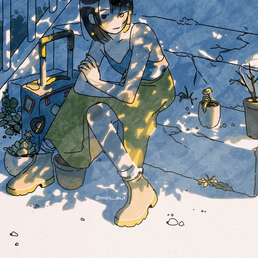 1girl artist_name black_hair blush crack flower grey_shirt highres leaf original plant potted_plant shadow shirt shoes short_hair skirt solo stairs suitcase wos_e yellow_footwear yellow_skirt
